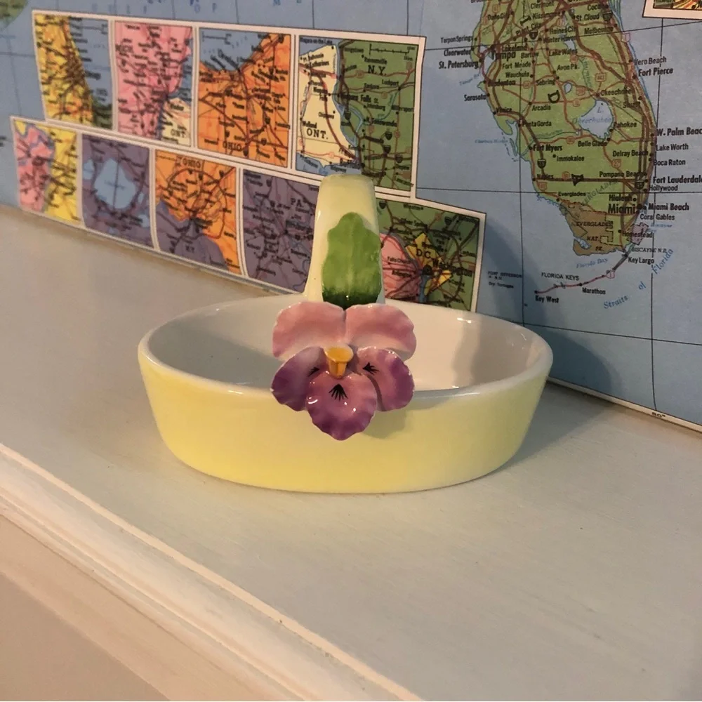 Yellow and Purple Floral Ceramic Trinket Dish
